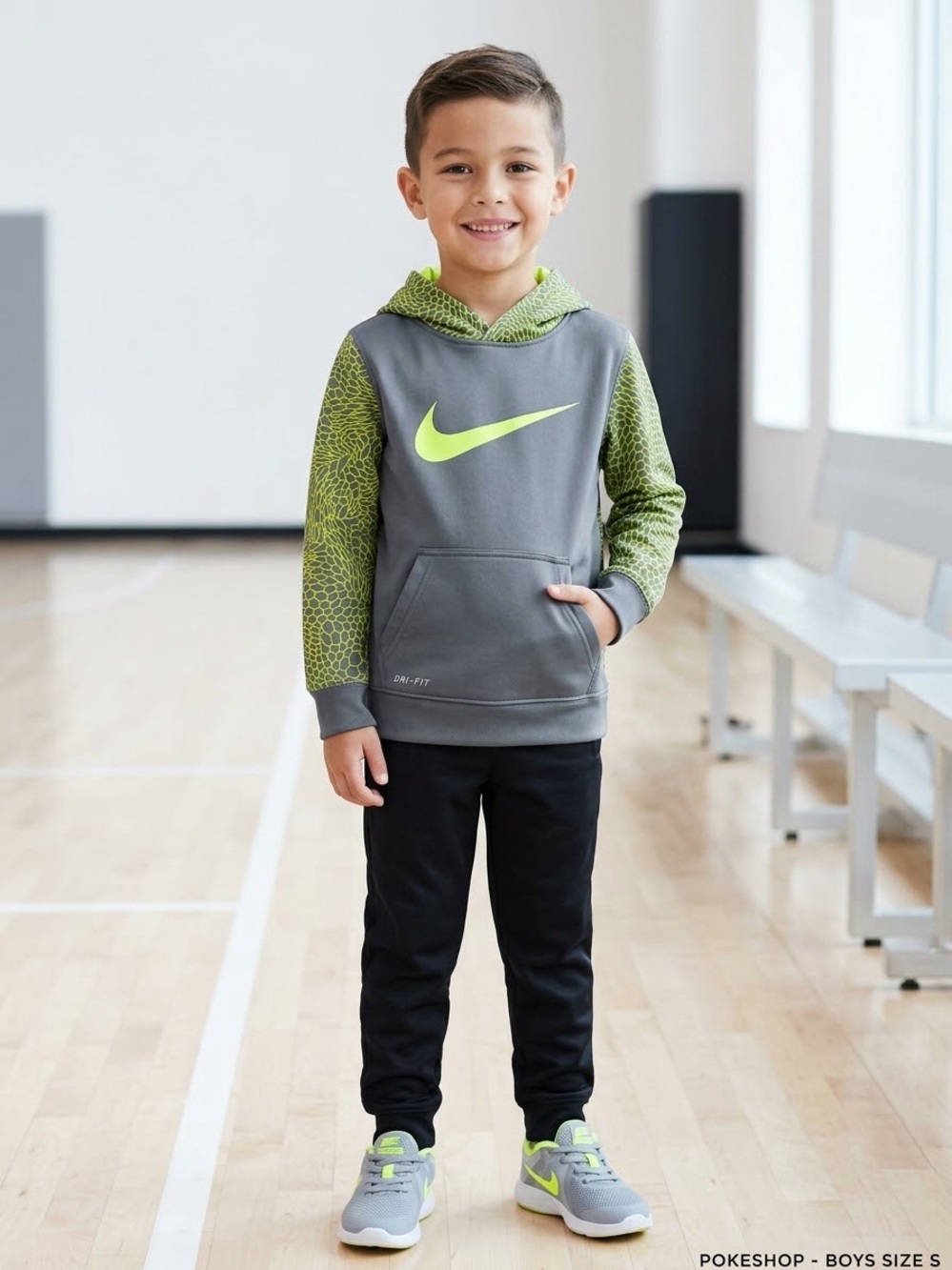 Nike Kids Grey & Neon Green Hooded Dri-FIT Sweatshirt